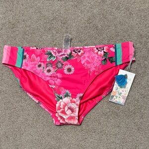 Johnny Was Floral Pink Bikini Bottoms with Teal Accents